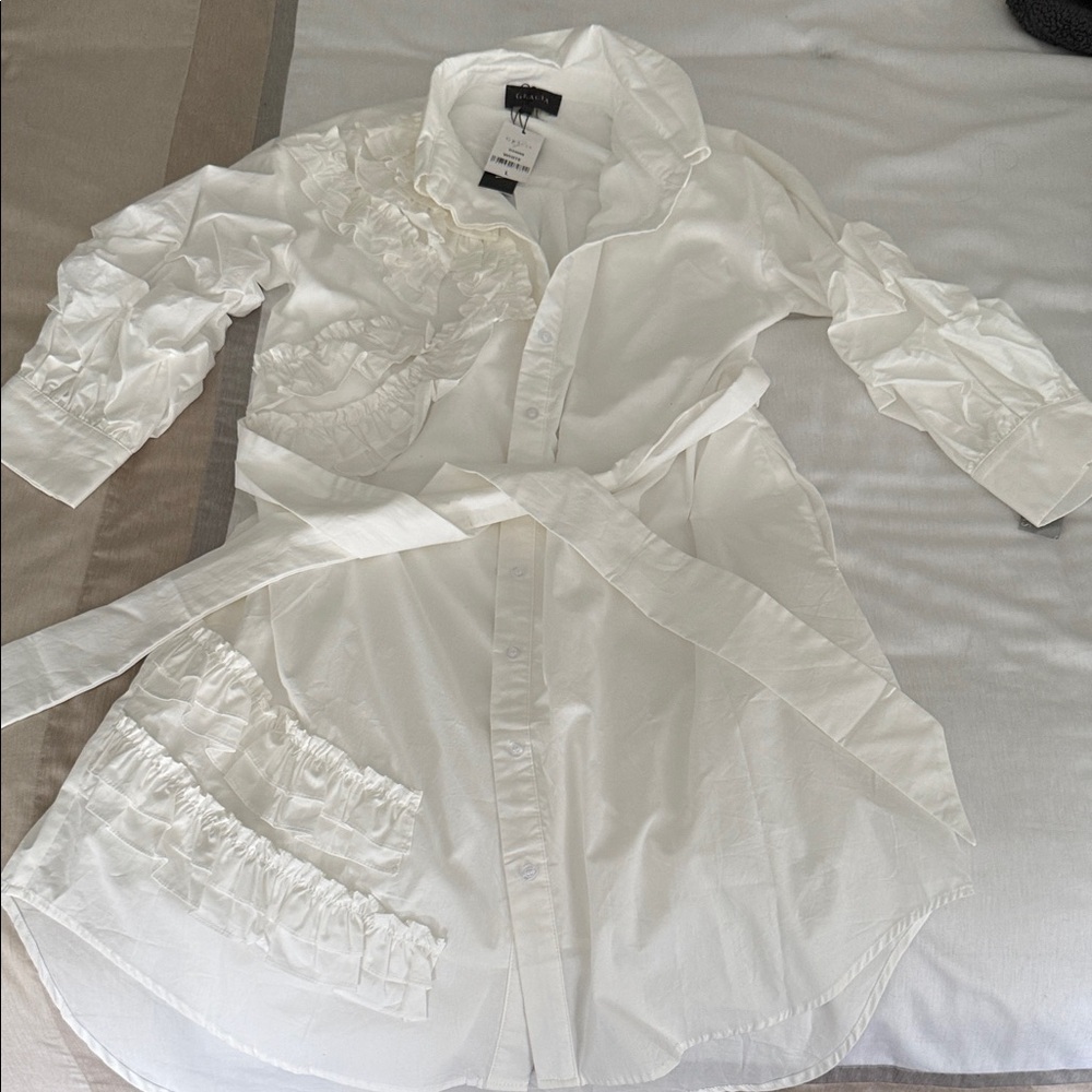 Gracia White Ruffled Tie-Waist Shirt Dress